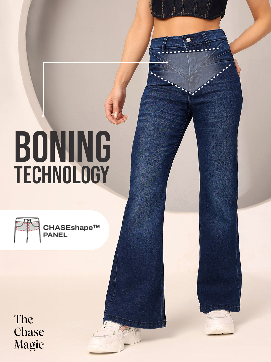 Tummy Smoothening Light-Shaping Bootcut High-Rise Navy Blue Denim Jeans with Boning Technology