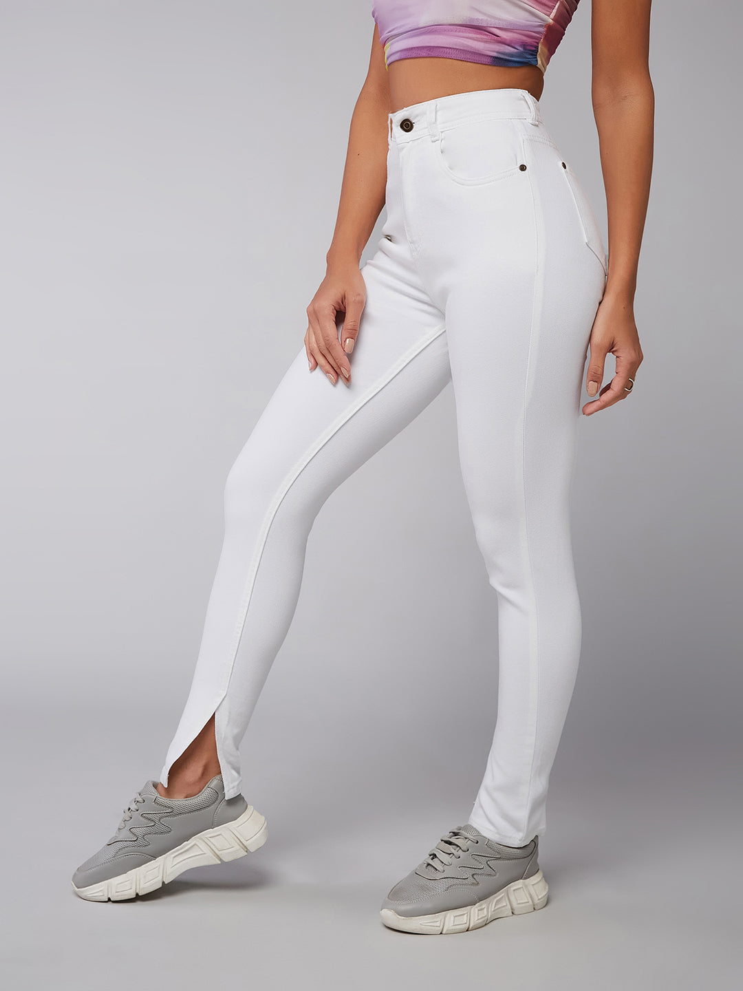 CHASEstretch™ Women's White Skinny Mid Rise Bleached Side Slit Denim Jeans