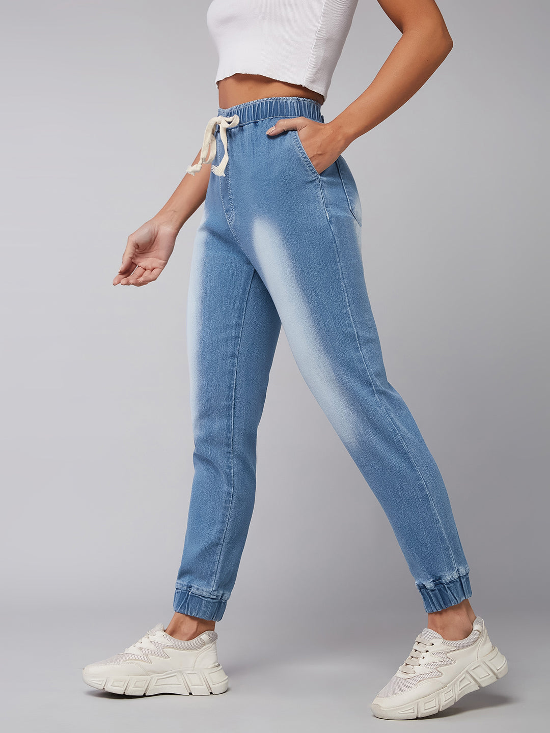 Women's Light Blue Solid Mid Rise Stretchable Denim Jogger Pants