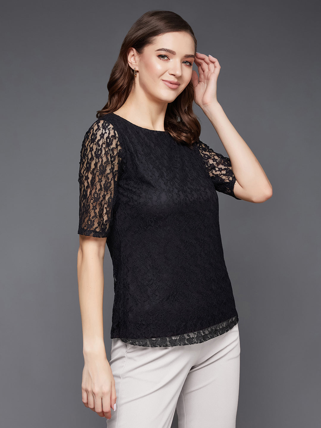 Women's Black Round Neck Half Sleeves Basic Lace Crop Top