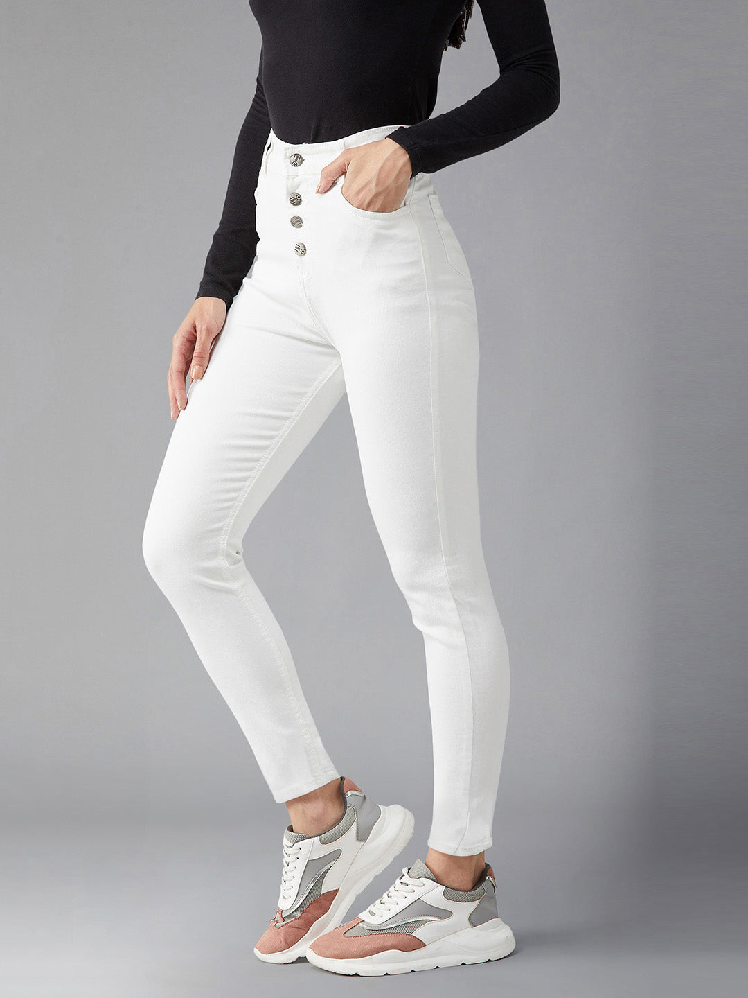 Women's White Skinny Fit High Rise Clean Look Stretchable Regular Length Bleached Denim Jeans