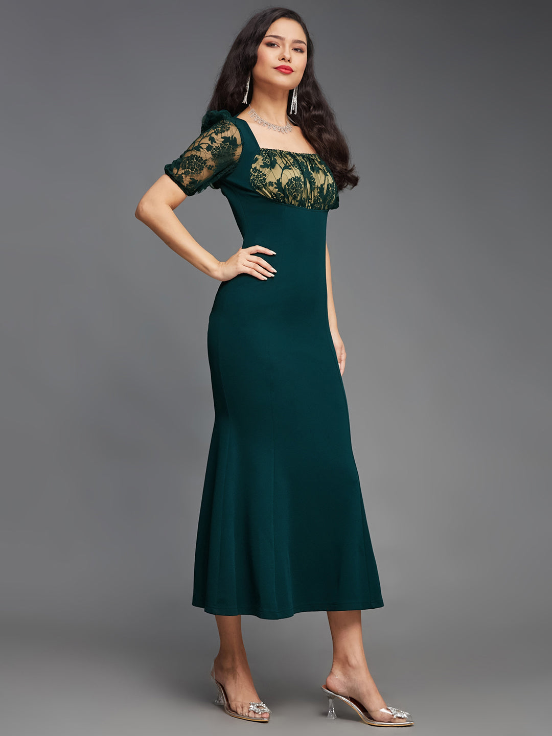 Crease Ease Women's Dark Green Square Puff Sleeve Solid Lace Overlaid Ankle Length Dress