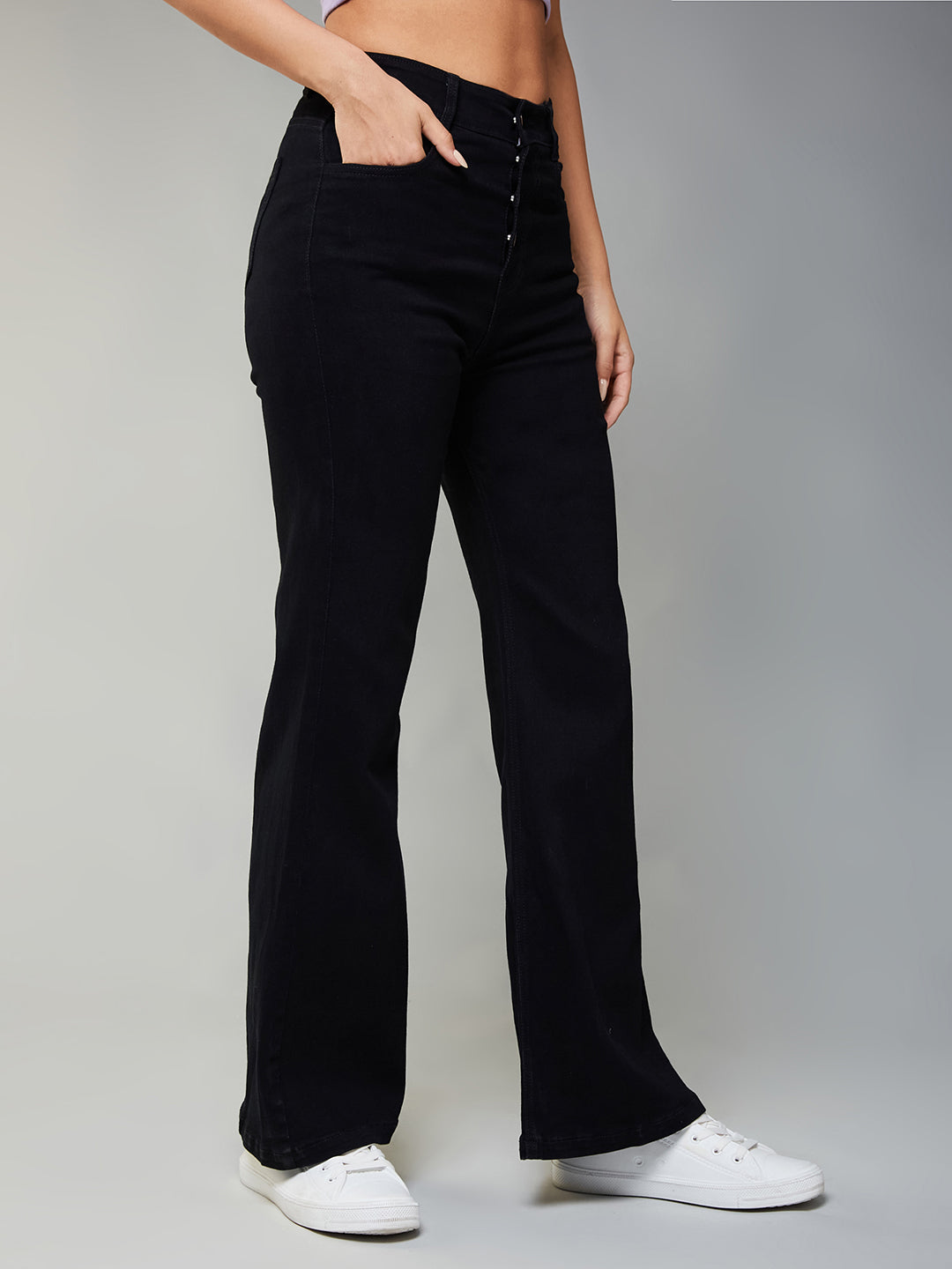 24/7 Comfort Women's Black Wide Leg High Rise Clean Look Regular Stretchable Denim Jeans