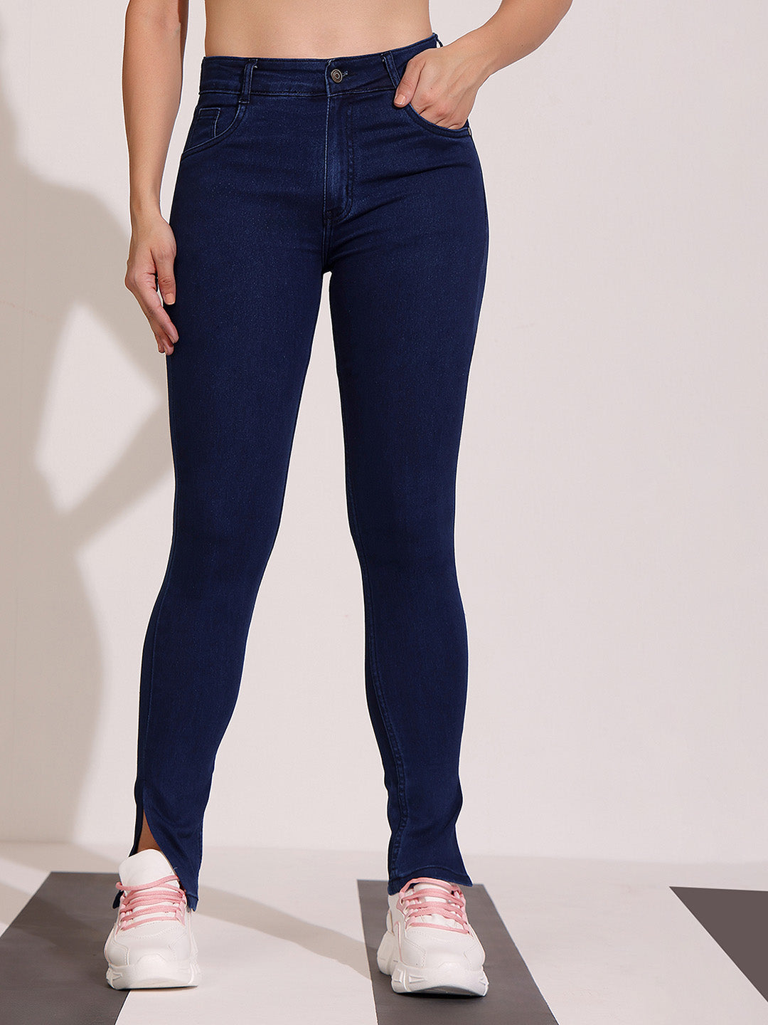 Women's Navy Blue Skinny Fit Mid Rise Cropped Length Side Slit Denim Stretchable Jeans