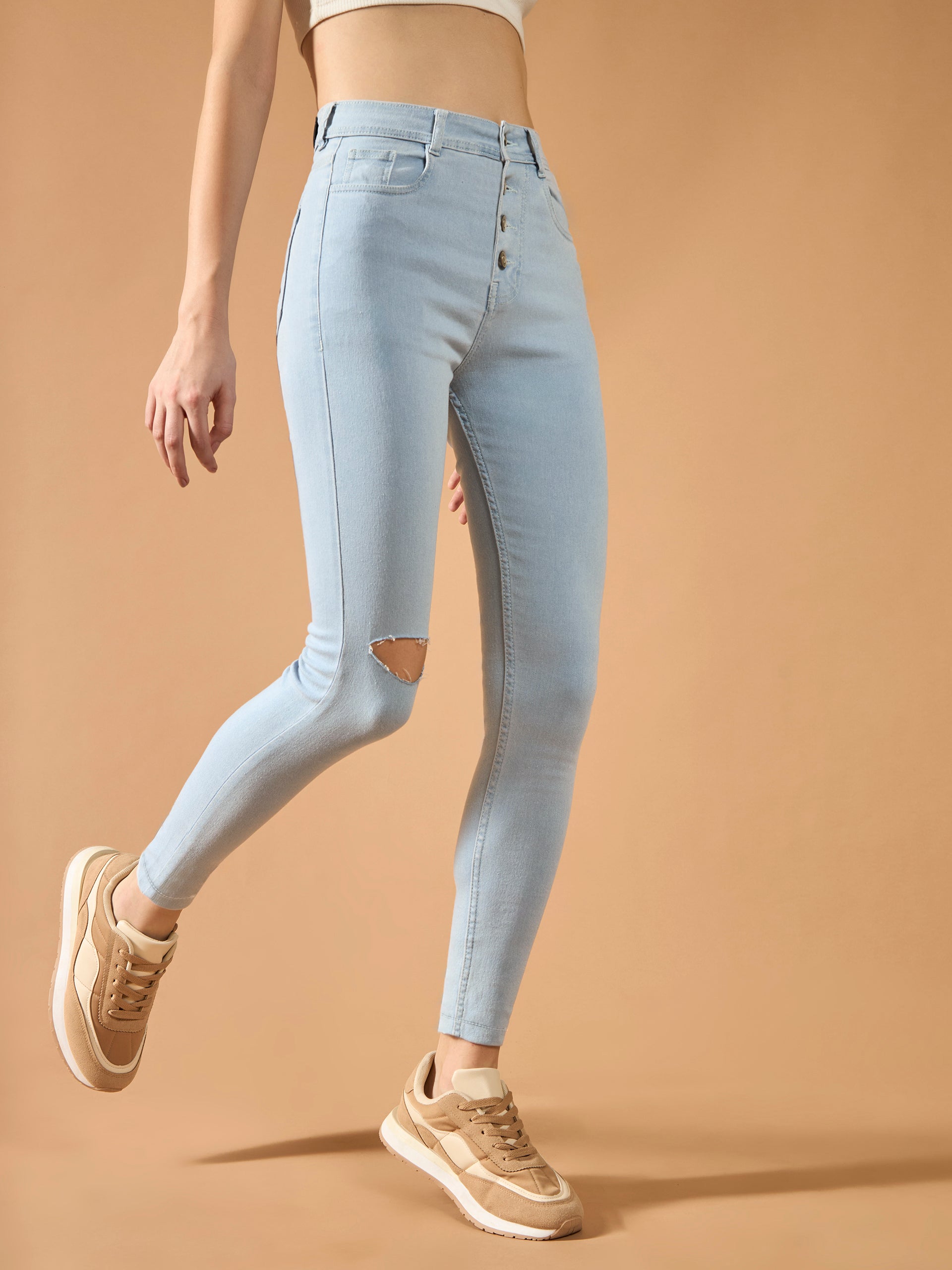 Light-Blue Skinny-Fit High-Rise Distressed Regular Denim Jeans for Women