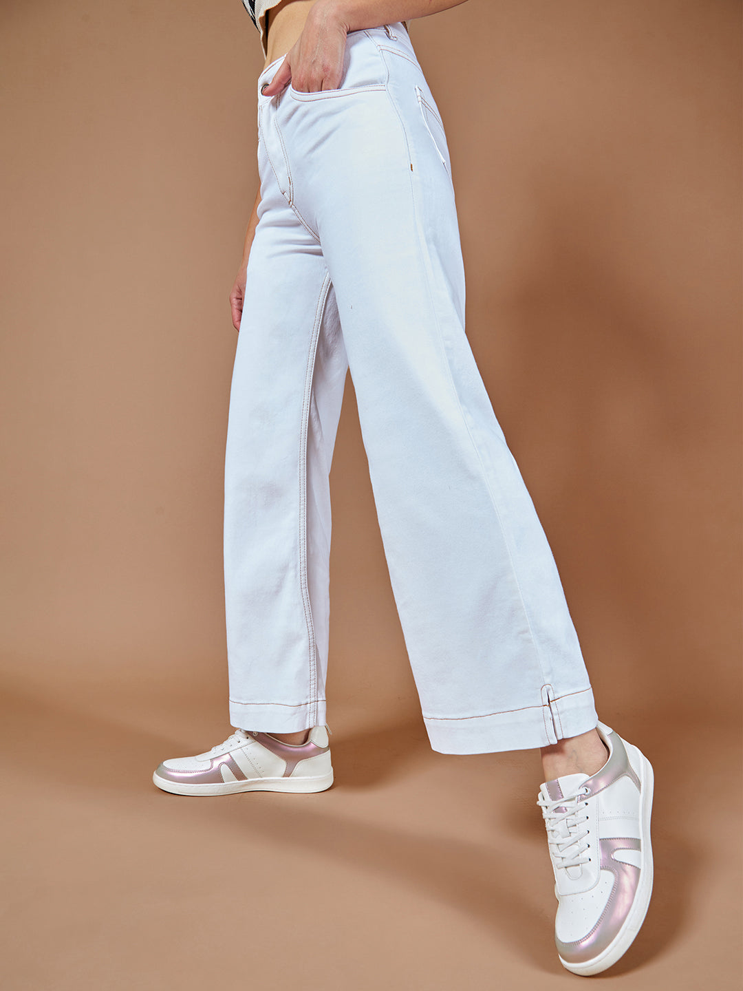 CHASEstretchTM White Flared Mid Rise Ankle length Stretchable Denim Jeans