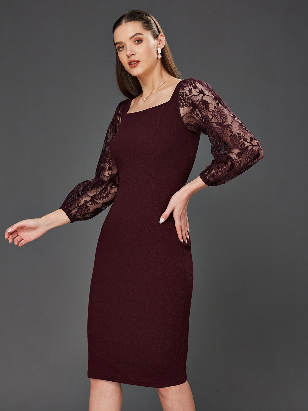 Crease Ease Women's Wine Solid Bodycon Square Neck Full Sleeve Slim Fit Knee-Long Dress