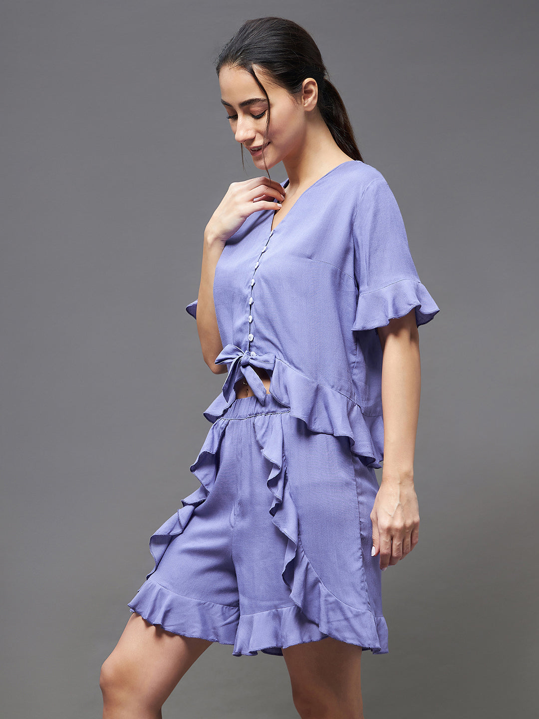 Women's Lavender V Neck Short Sleeve Solid Frill at the hem Short Top & Shorts Sets