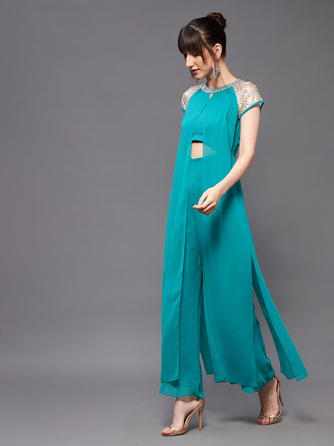 Women's Turquoise Round Neck Raglan Sleeve Sequined Layered Party Jumpsuit