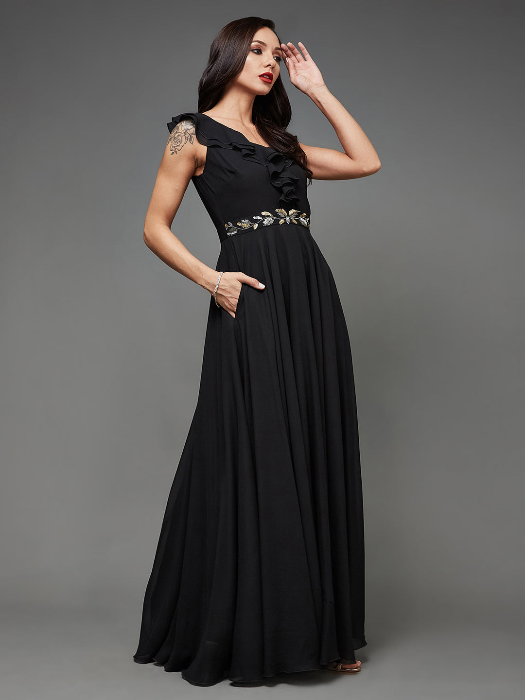 Cocktail Party Black Sleeveless Embroidered Ruffled Georgette Maxi Dress