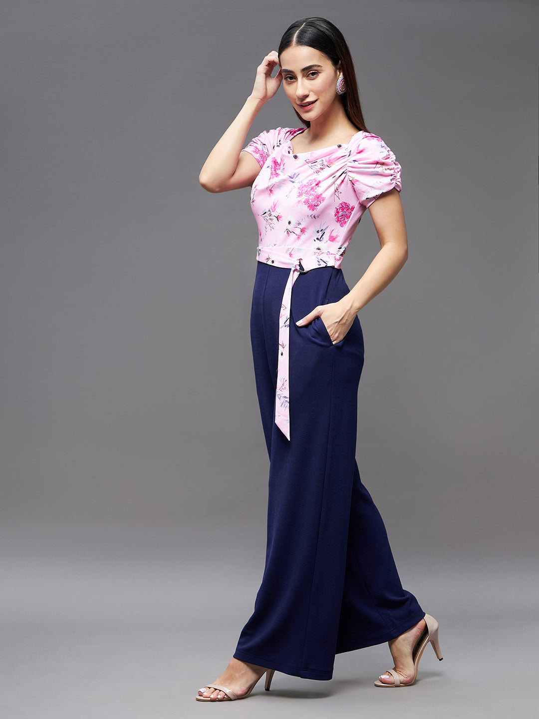 Crease Ease Women's Pink & Navy Blue Cowl Neck Raglan Ruched Sleeve Floral Wide Leg Regular Jumpsuit