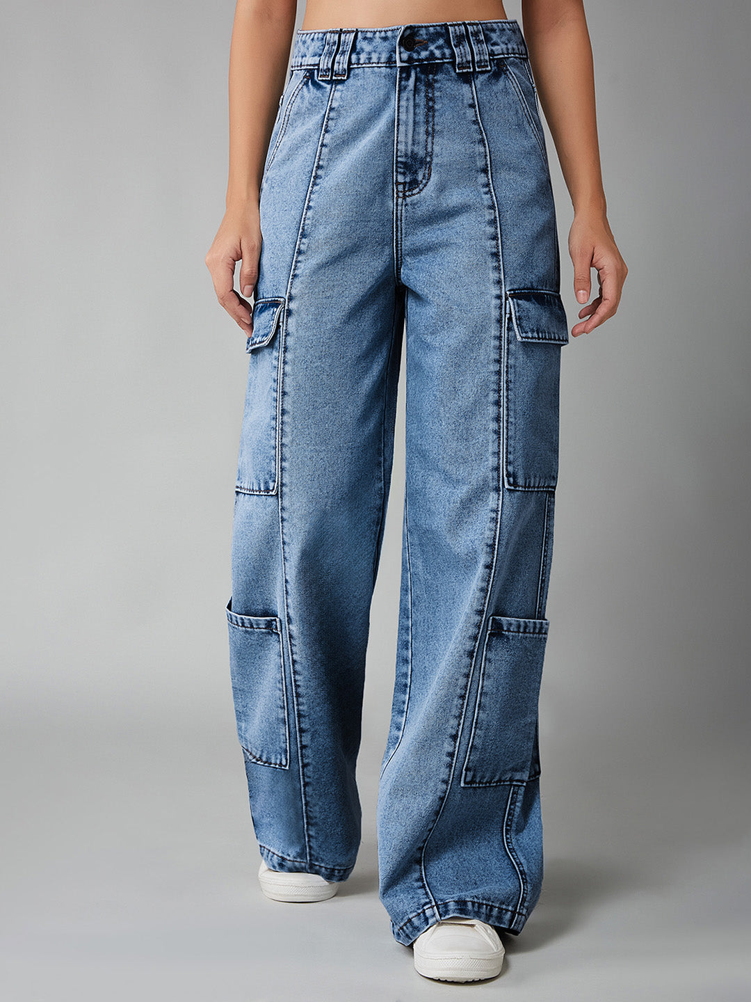 Women's Light Blue Wide-Leg High-Rise Regular Denim Pant