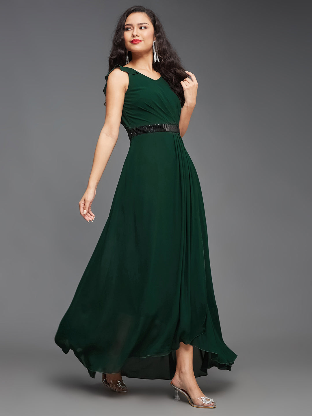 Women's Green V-Neck Ruffled Sleeve Sequined Party Maxi Dress