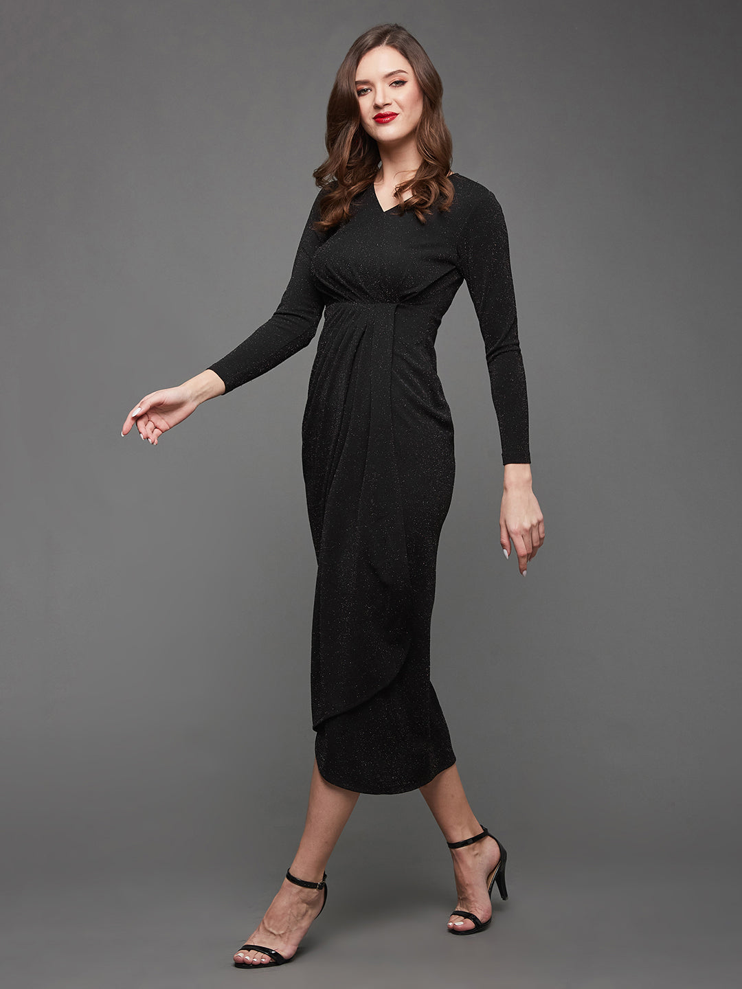 Crease Ease Women's Black V-Neck Full Sleeve Self Design Wrap Midi Dress