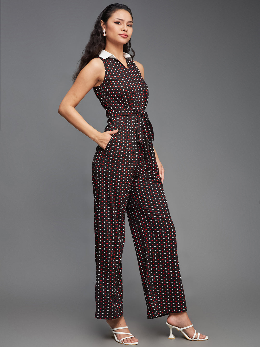 Women's Multicolored-Base-Black Shirt Collar Sleeveless Polka Dot Waist Tie-Up Pure Cotton Regular-Length Jumpsuit