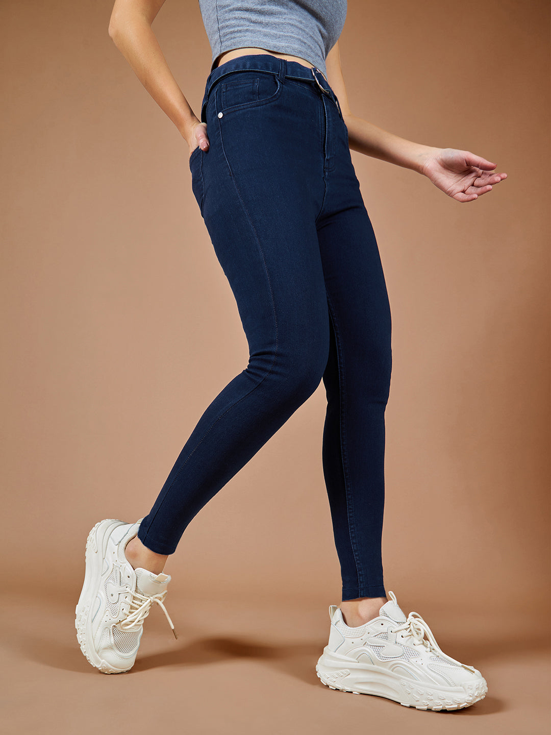 Women's Navy Blue Cotton Skinny Fit Relaxed High Rise Regular Length Stretchable Denim Jeans