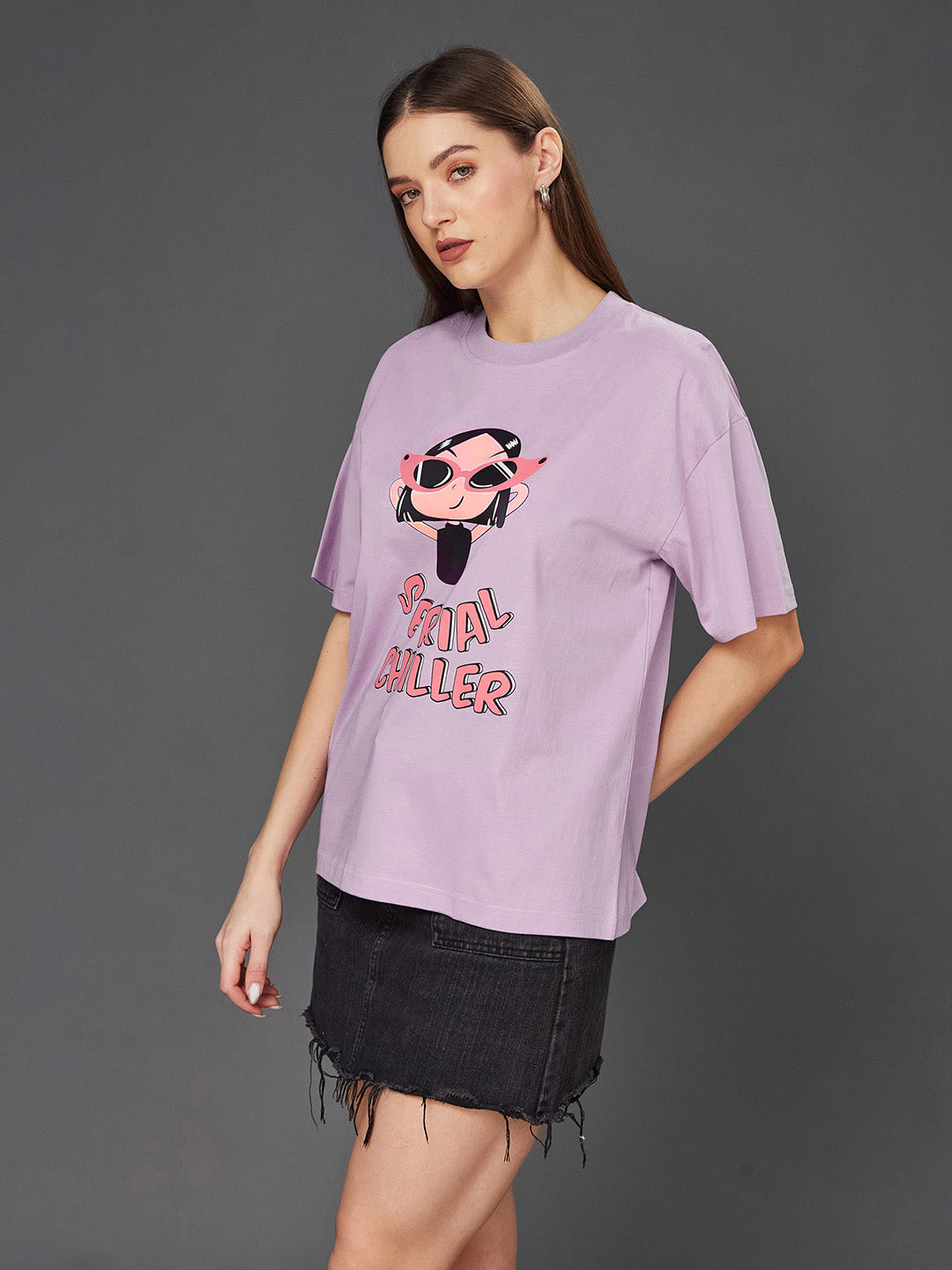 Women's Lavender Round Neck Half-Sleeve Cartoon-Printed Regular-Length Oversized Cotton T-Shirt