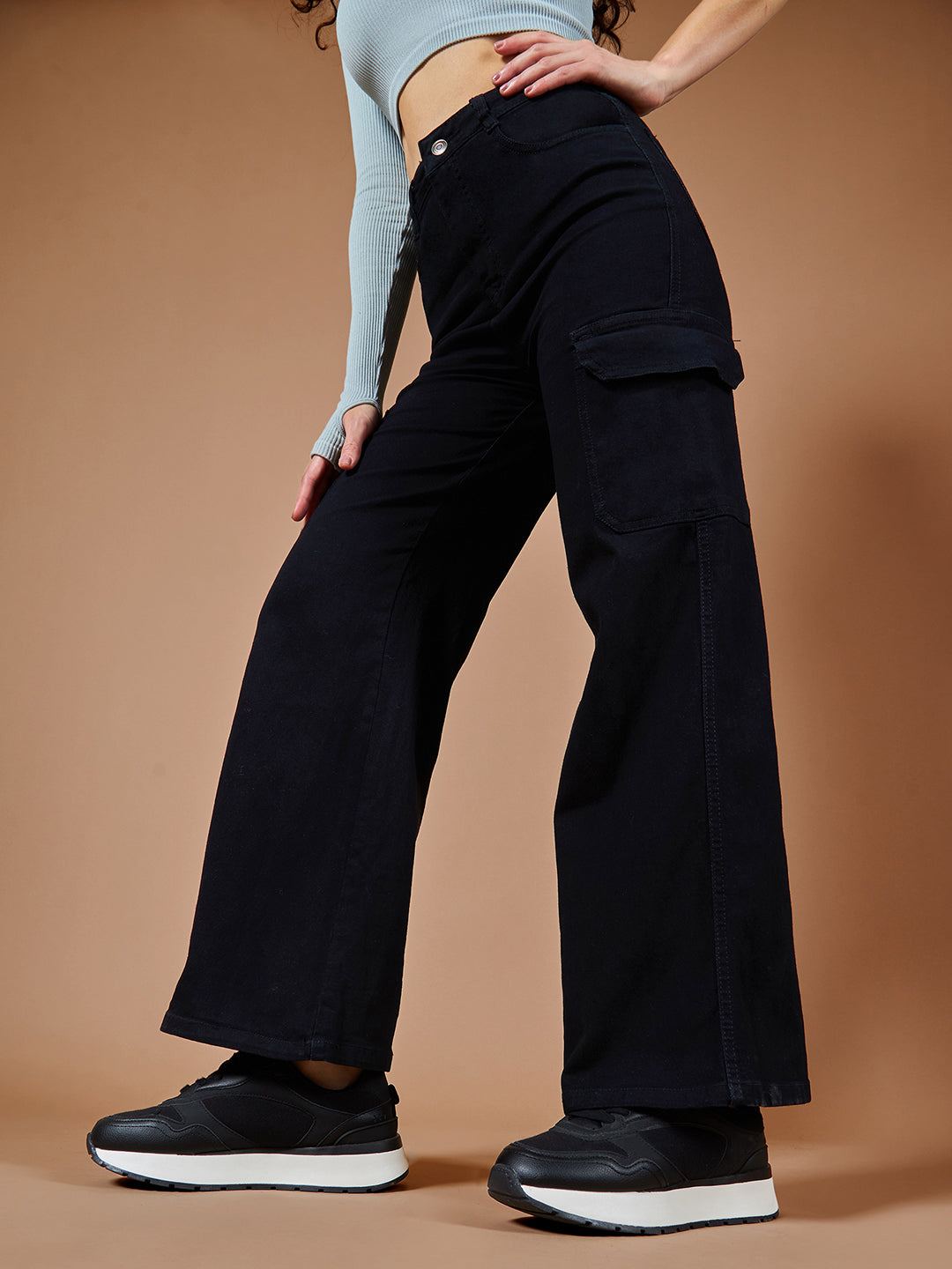 24/7 Comfort Women's Black Wide Leg High Rise Clean Look Patch Pocketed Regular Stretchable Denim Jeans