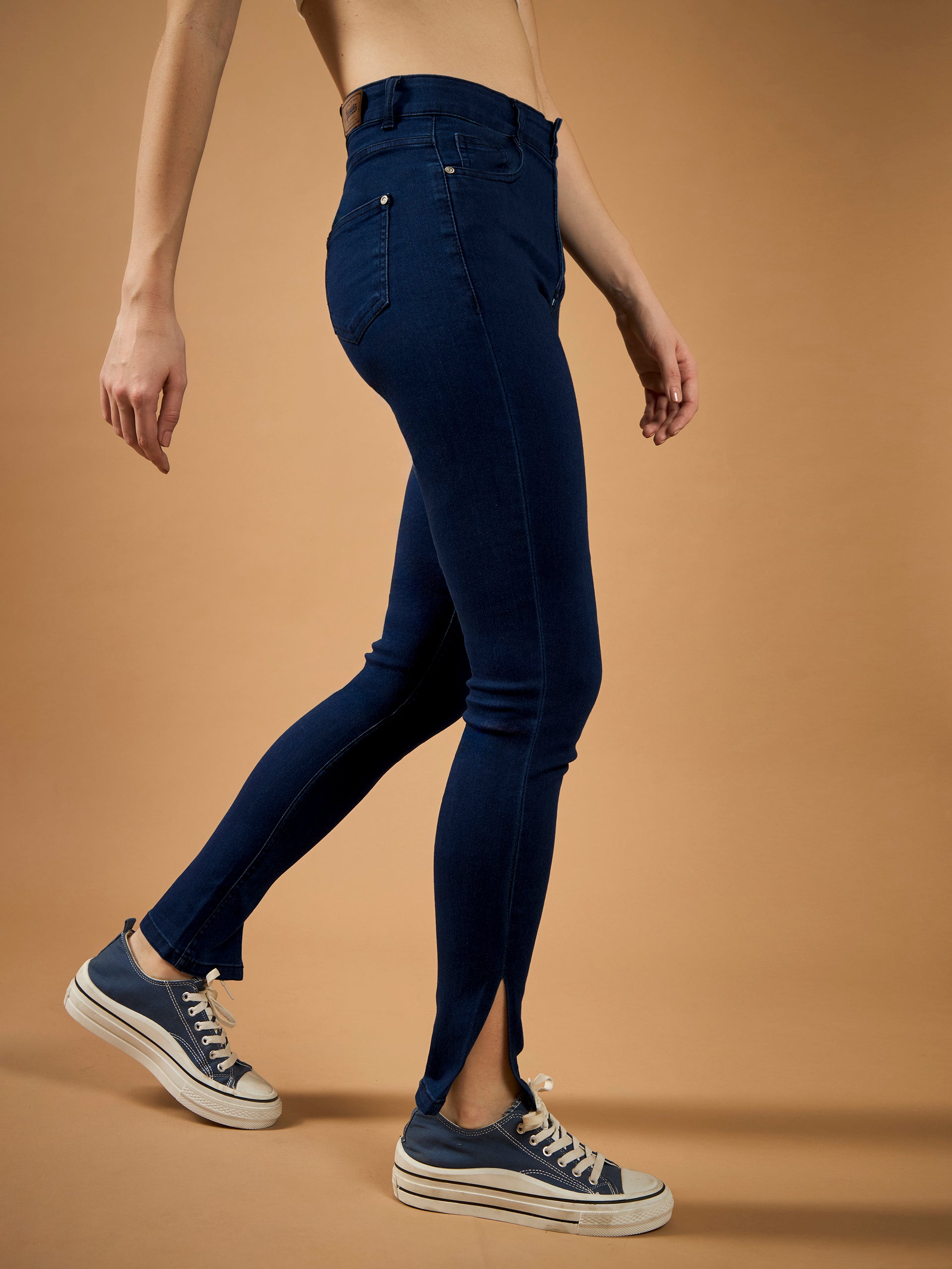 Navy-Blue Skinny-Fit Mid-Rise Cropped-Length Side-Slit Denim Stretchable Jeans for Women