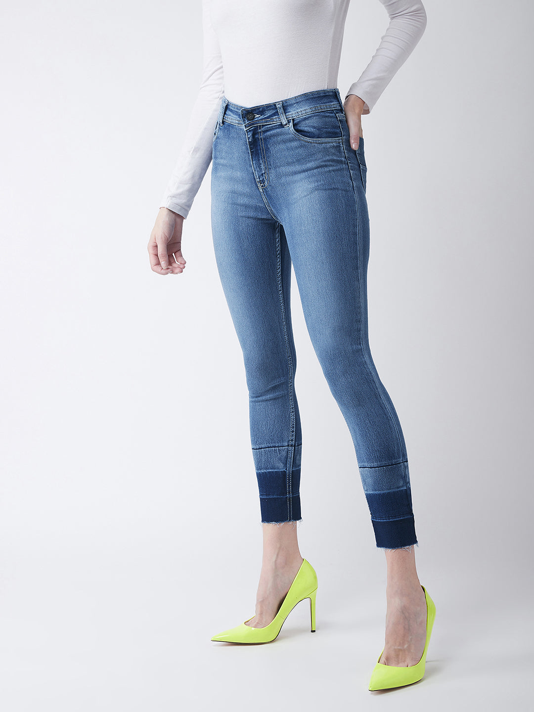 Women's Light Blue Skinny Fit High Rise Ankle Length Shaded Denim Stretchable Jeans