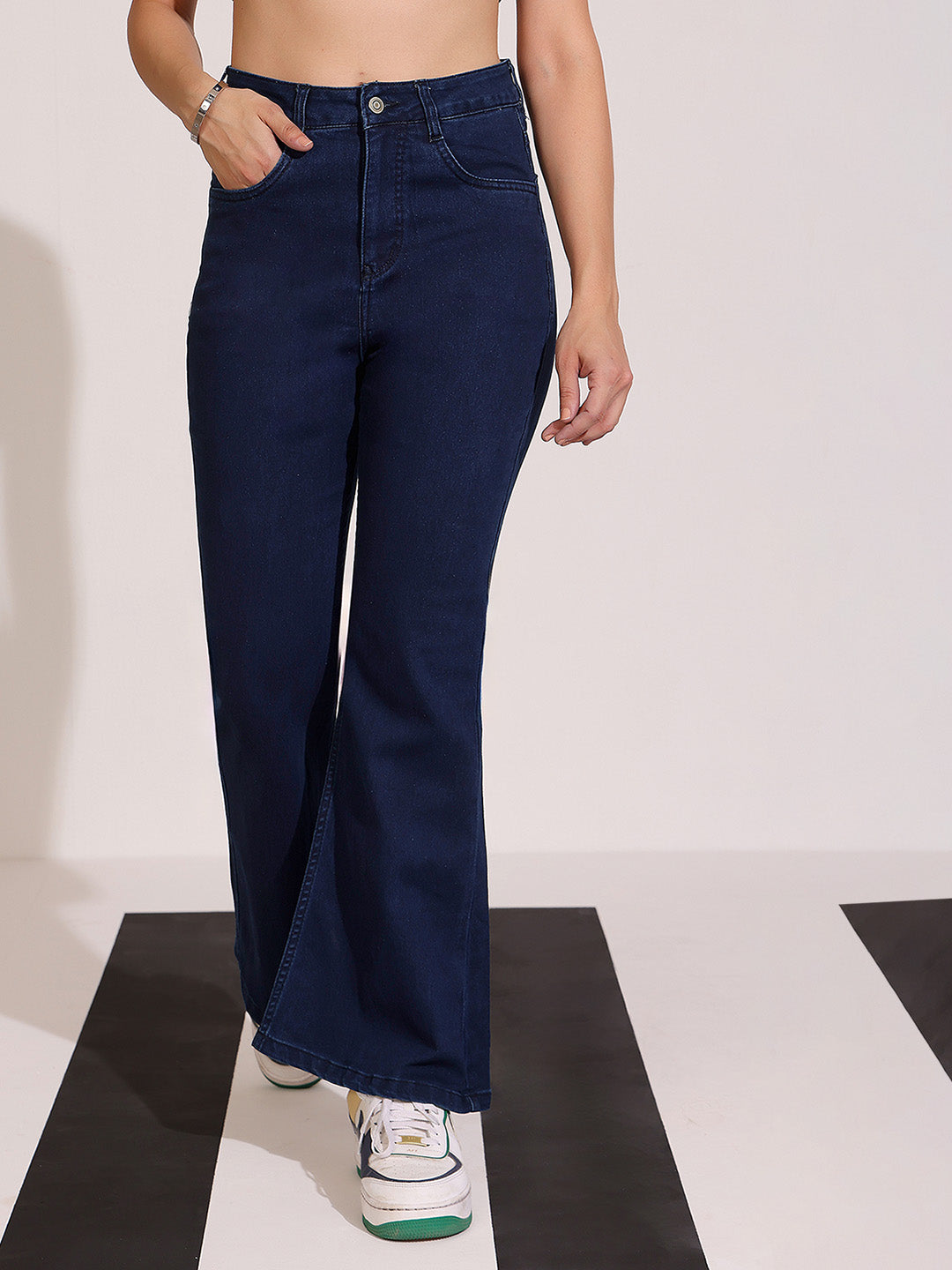 Navy Blue Bootcut High Rise Clean Look Regular Length Stretchable Shaping Denim Jeans