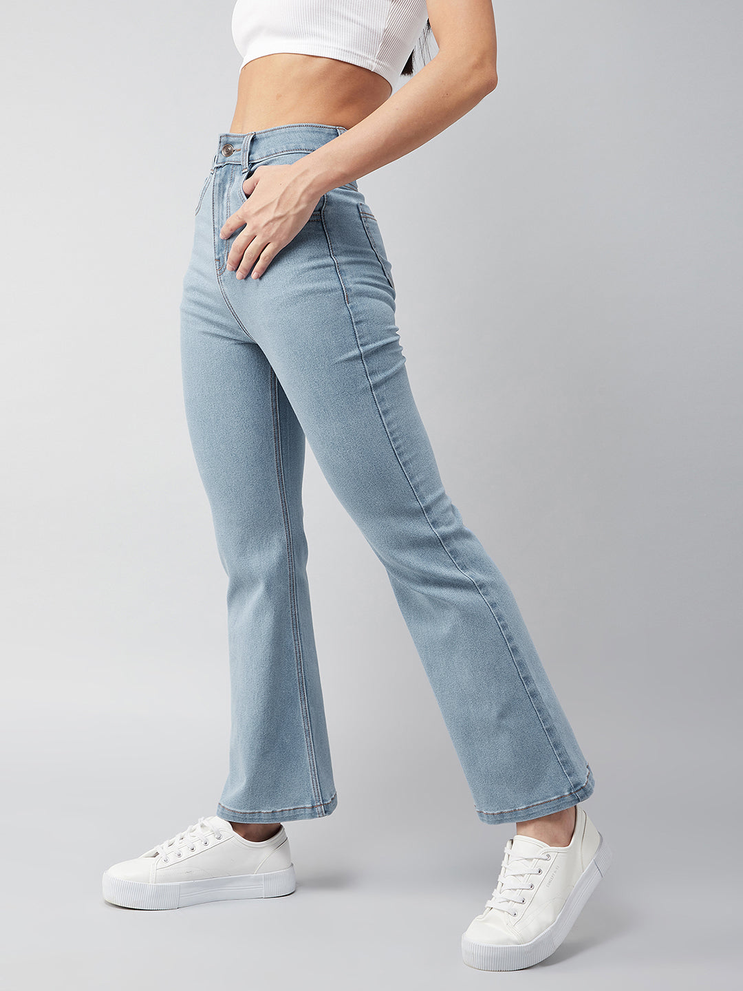 24/7 Comfort Women's Timeless Light Blue Bell Bottom Bootcut Hourglass High rise Stretchable Denim Jeans