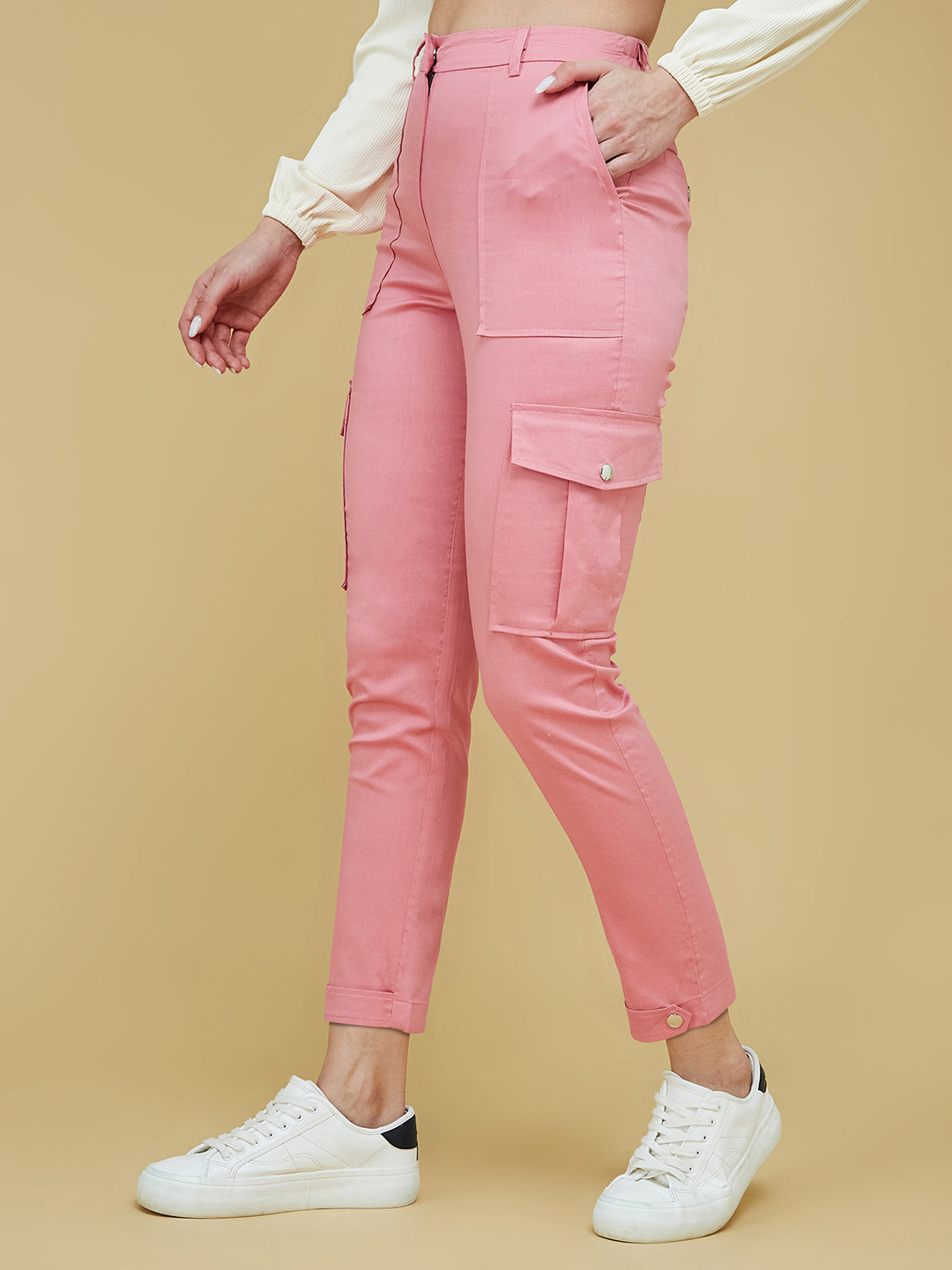 Women's Pink Solid Polyester High Waist Regular Length Trouser