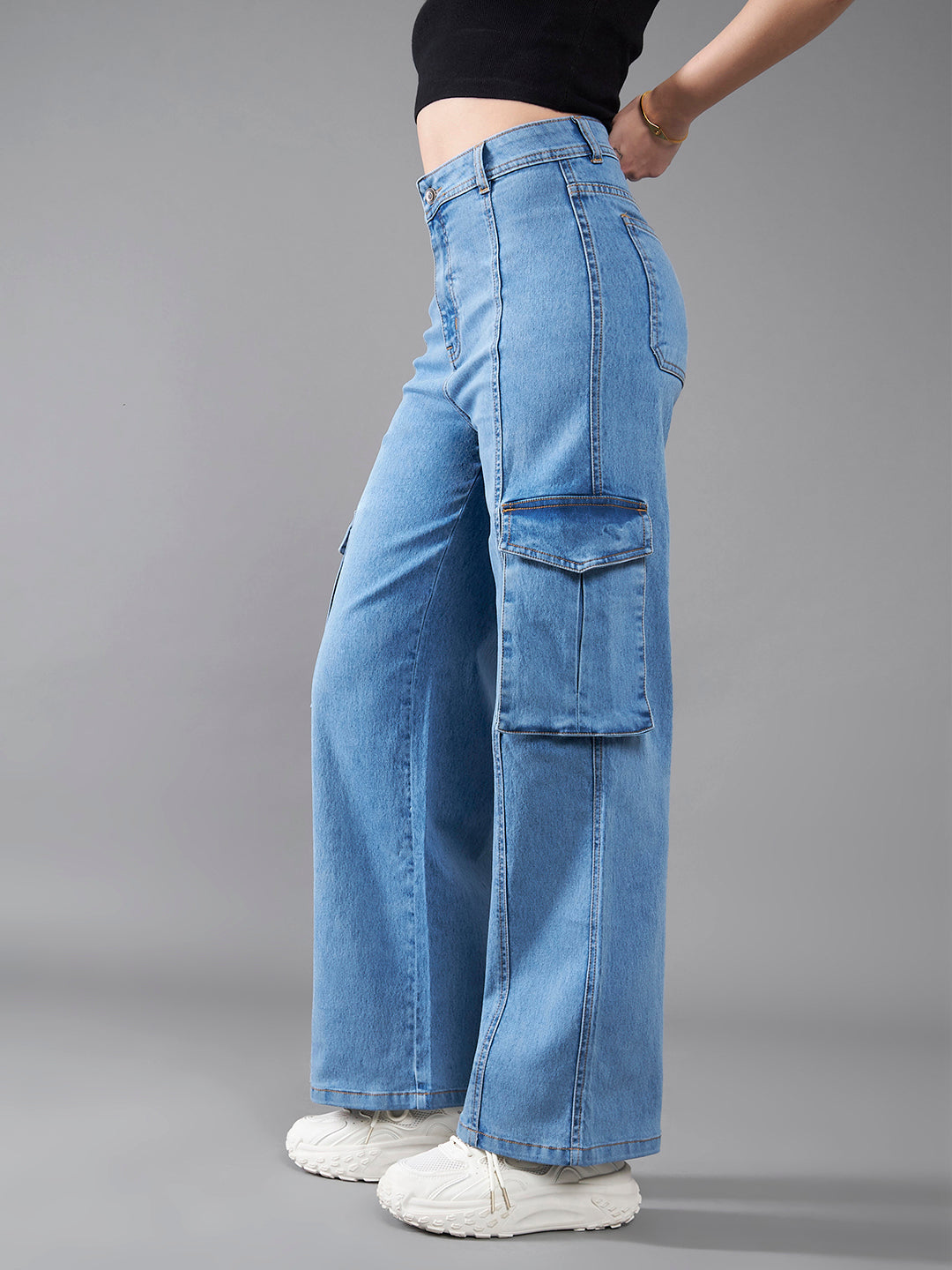 24/7 Comfort Women's Blue Wide-Leg High-Rise Regular Length Stretchable Patch Pocketed Cargo Denim Jeans