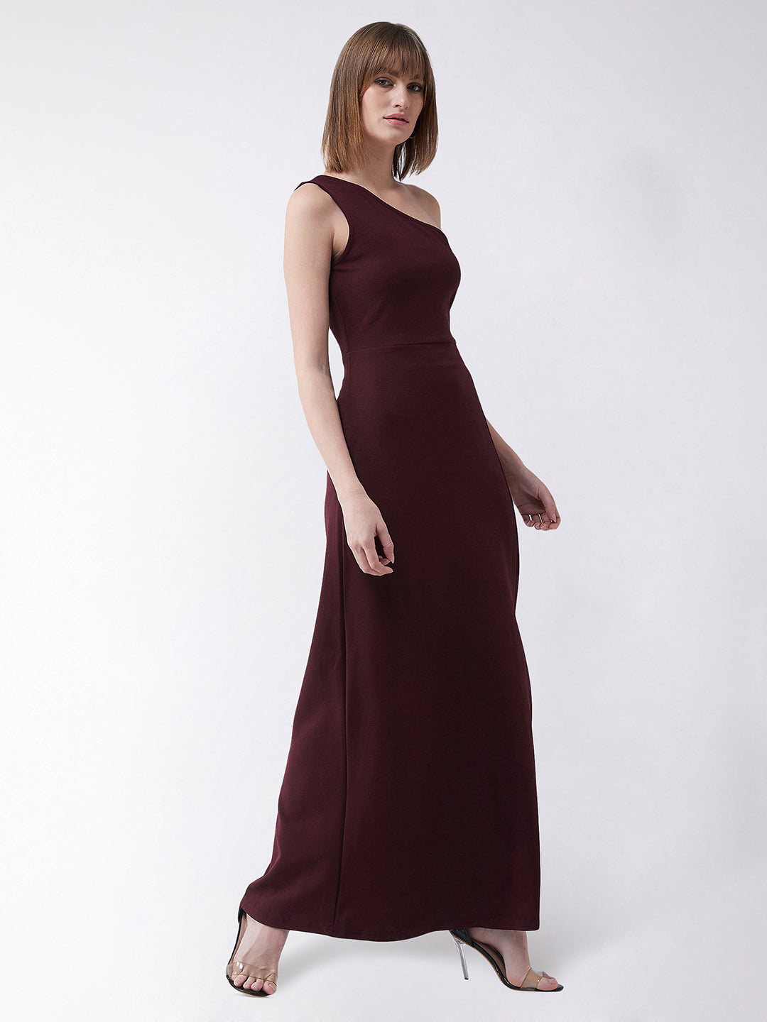 Crease Ease Women's Wine Red One-Shoulder Sleeveless Solid Side Slit Maxi Dress