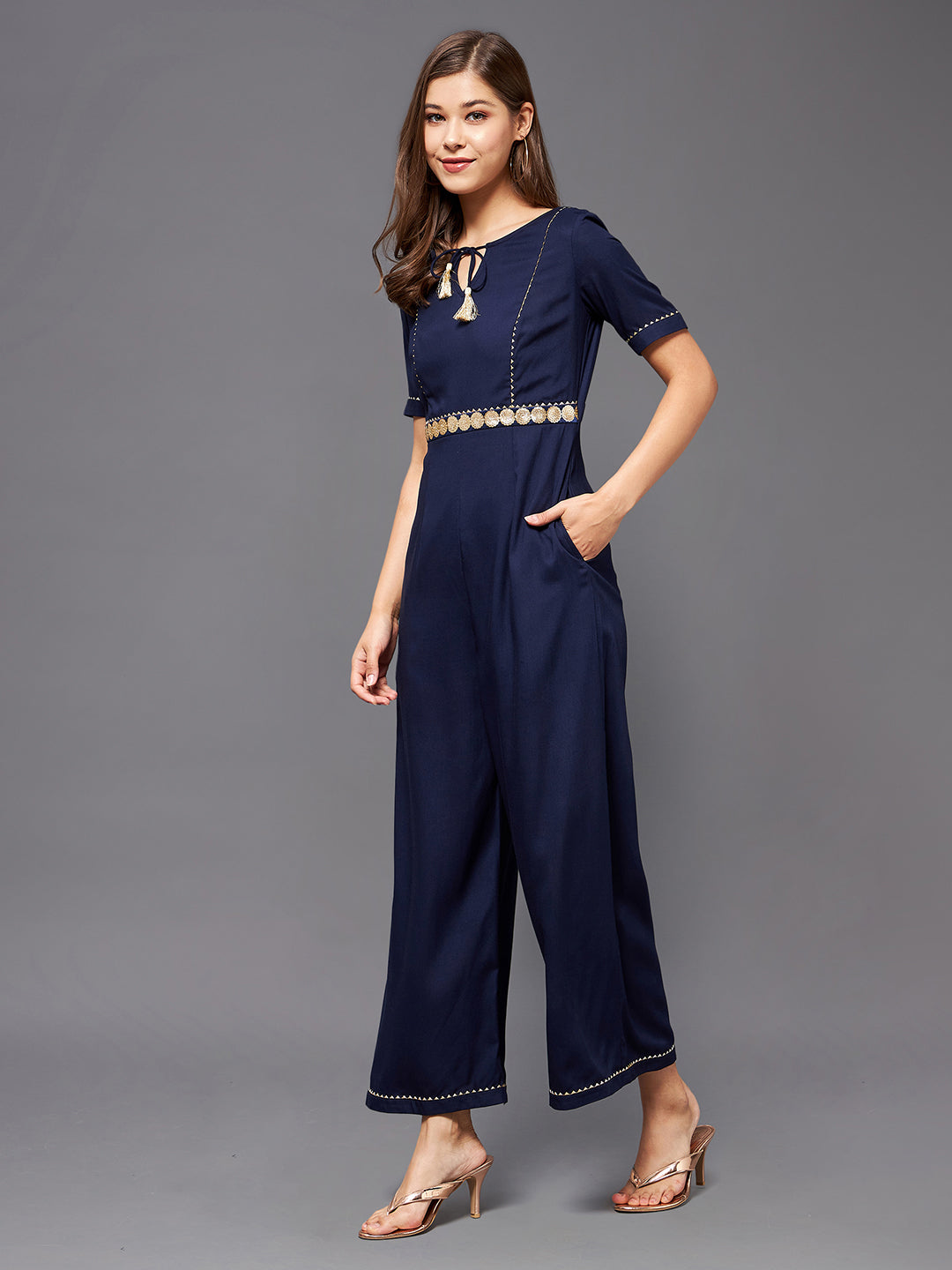 Women's Navy Blue Round Neck Half Sleeve Viscose Rayon Embellished Straight Leg Regular  Jumpsuit