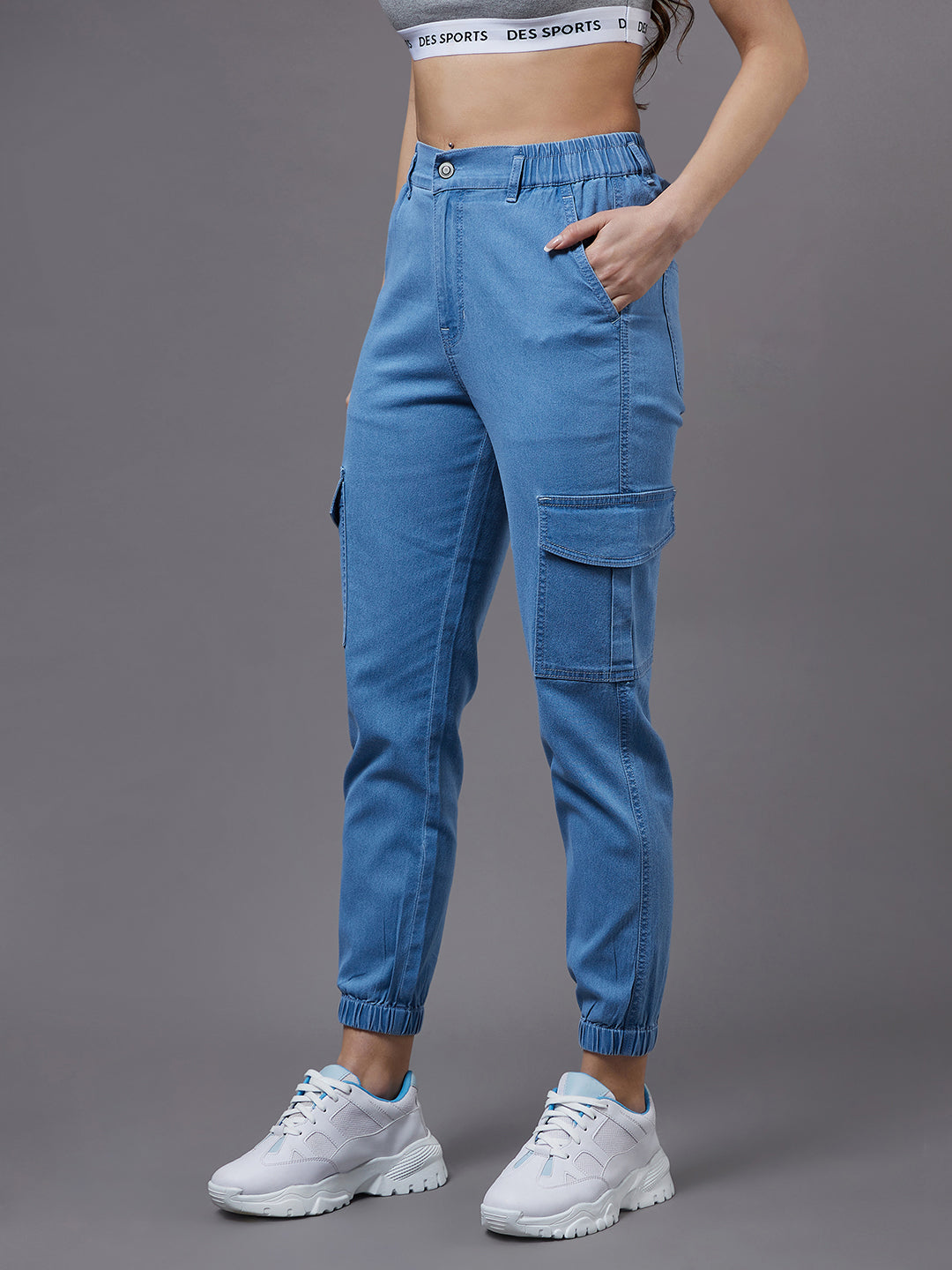 Women's Light Blue High Rise Regular Light Weight Stretchable denim joggers