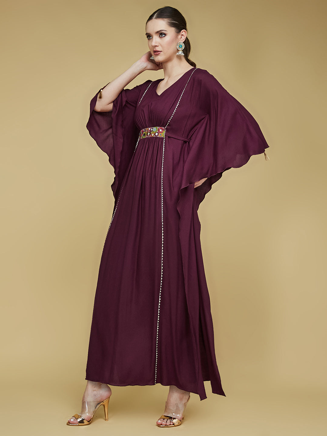 Women's Wine V-Neck 3/4 Sleeve Solid Viscose Rayon Maxi Kaftan Dress