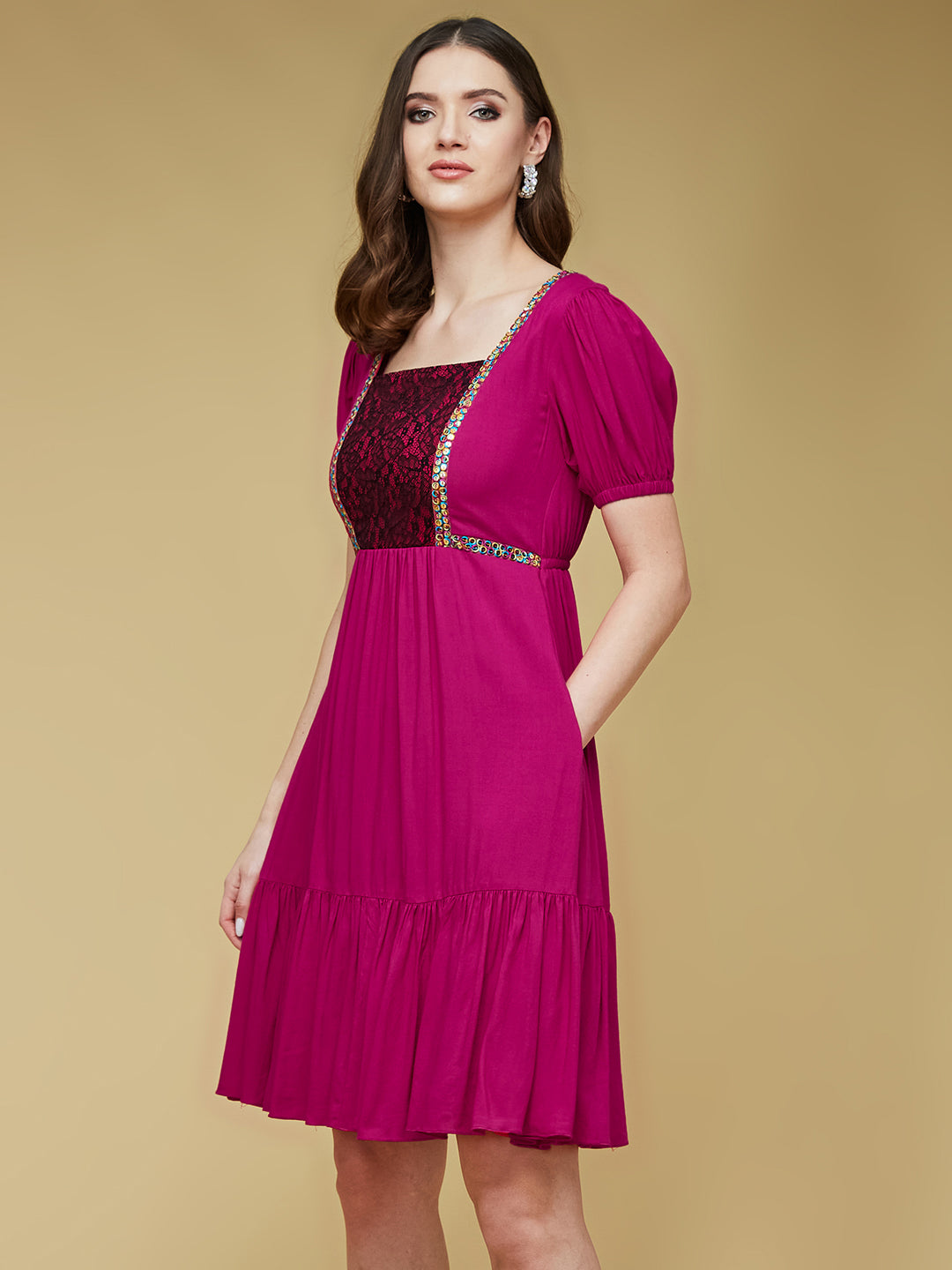 Women's Dark Pink Embroidered Lace Overlaid Square Puff Sleeve Viscose Rayon Knee-Length Dress