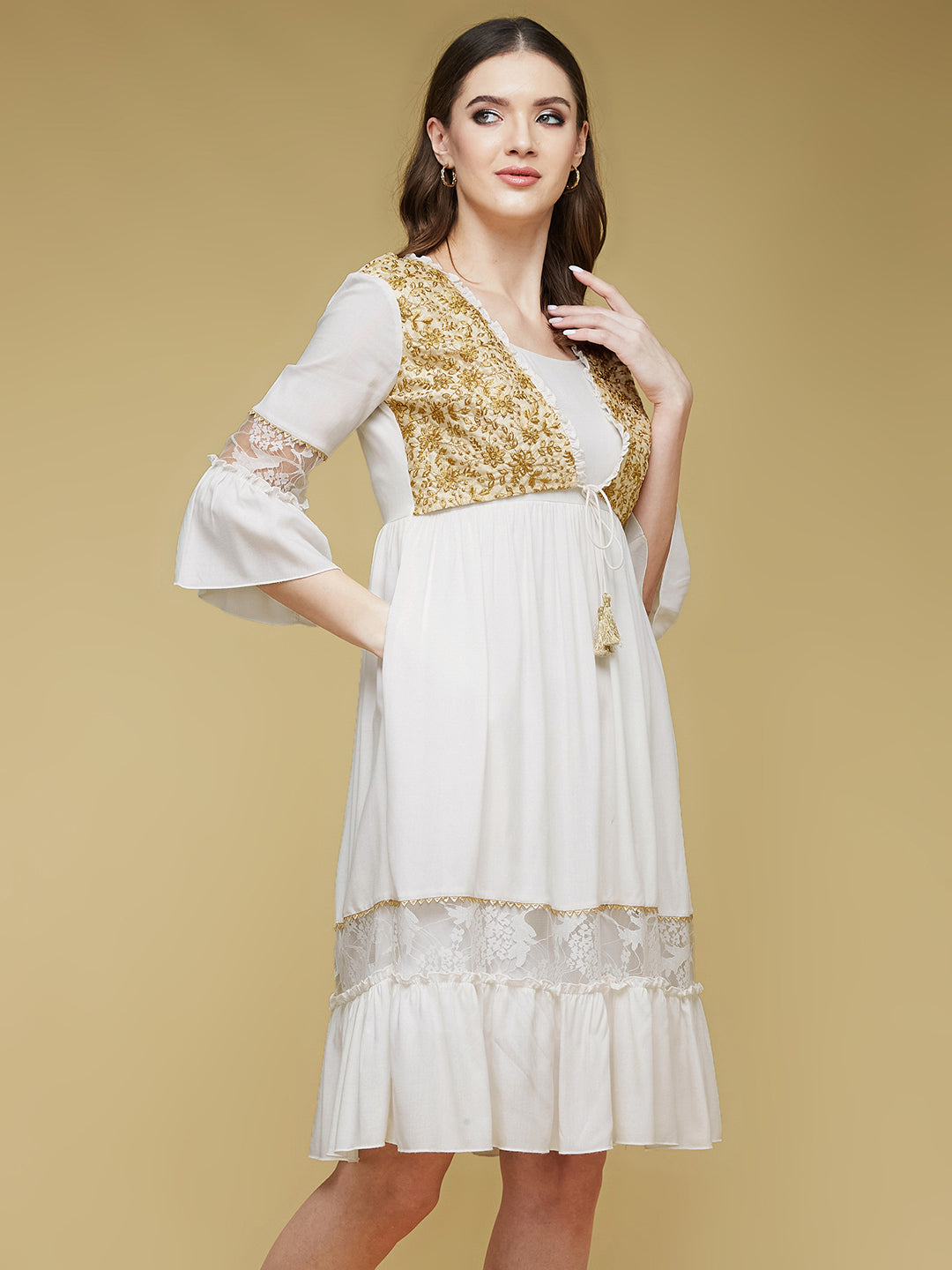 Women's Off-White Square Neck Ruffled Sleeve Viscose Rayon Embroidered Jacket Paneled Midi Dress