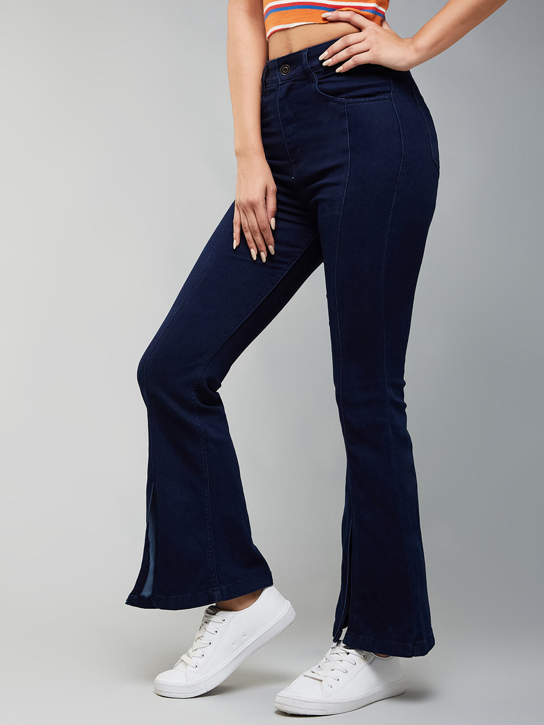 24/7 Comfort Women's Navy Blue Bell Bottom Bootcut Hourglass High rise Stretchable Timeless Slit Denim Jeans