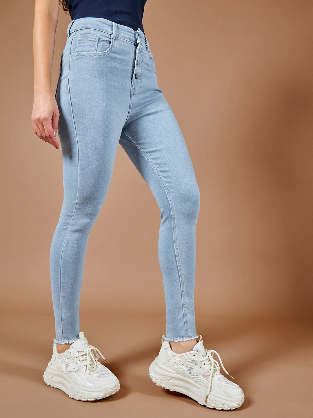 24/7 comfort Women's Light Blue Skinny High Rise Fringed Hemline Cropped Stretchable Denim Jeans