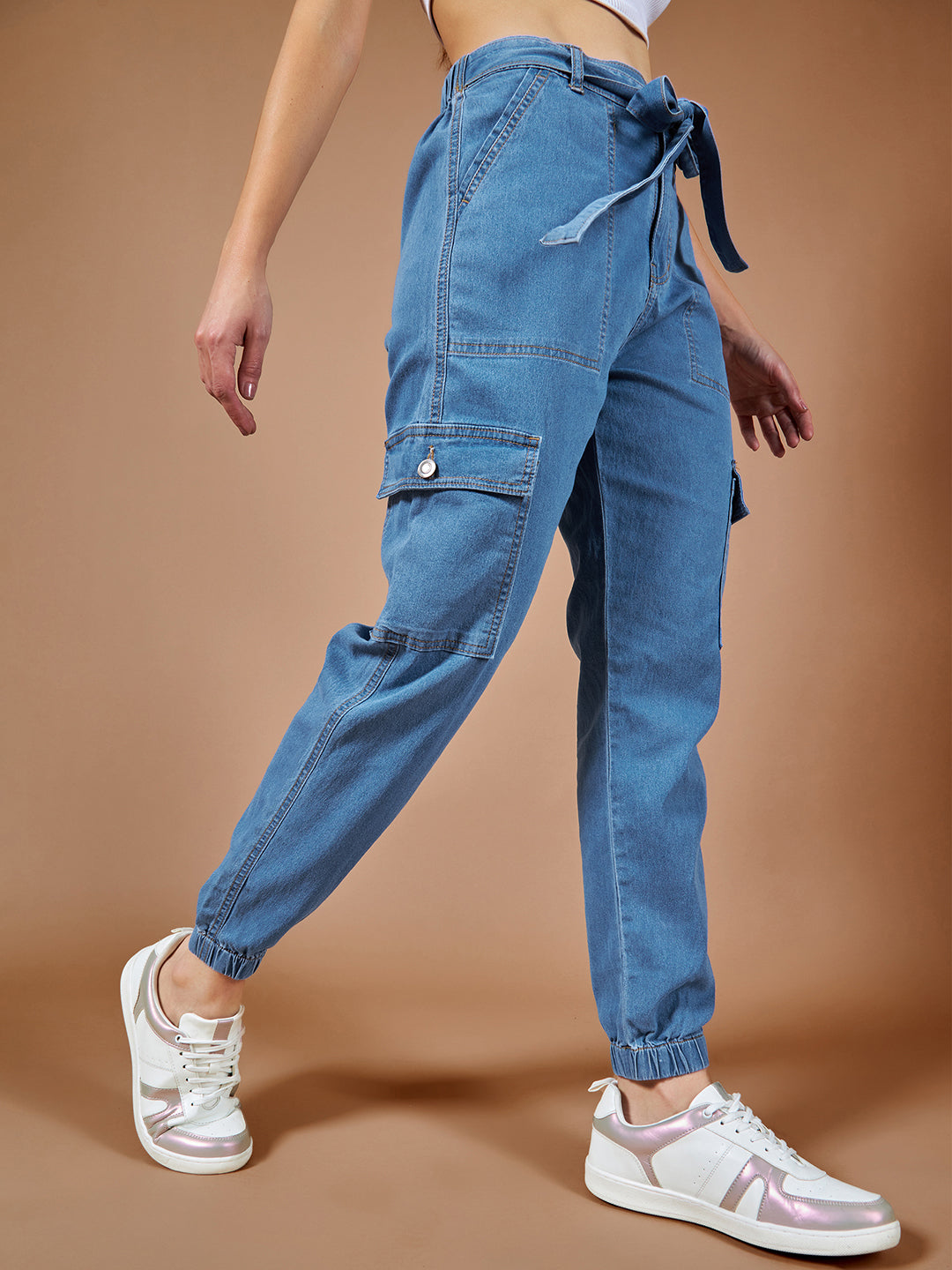 Women's Blue Regular High rise Stretchable Denim Joggers