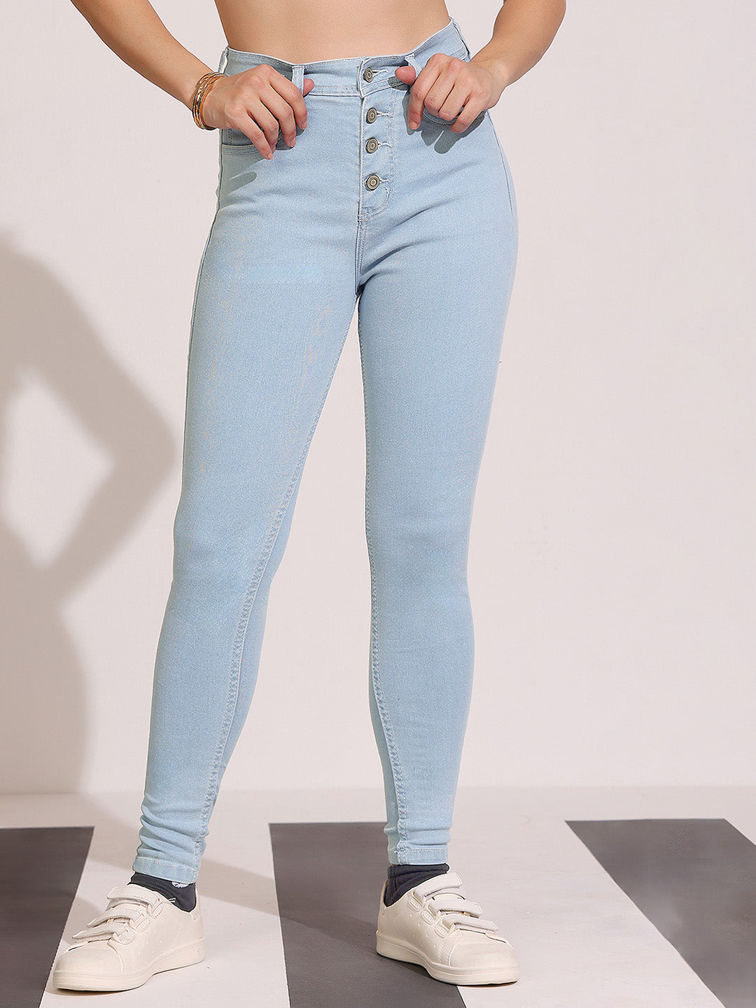 Women's Light Blue Skinny High Rise Distressed Ice Wash Regular Length Denim Jeans