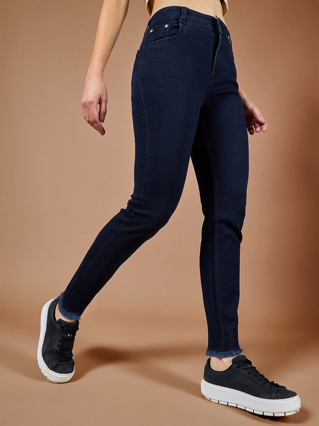 Women's Navy Blue Mid Rise Solid Stretchable Denim Jeans