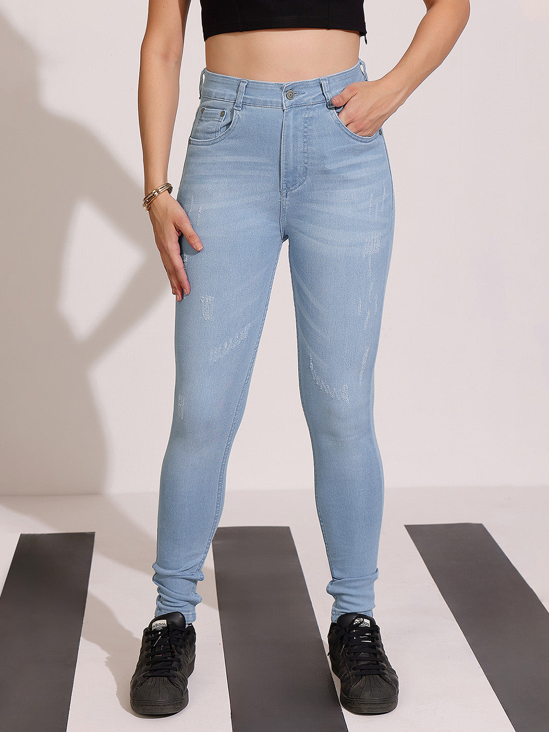 Women's Light Blue Skinny High-Rise Mild Distress Regular Stretchable Denim Jeans