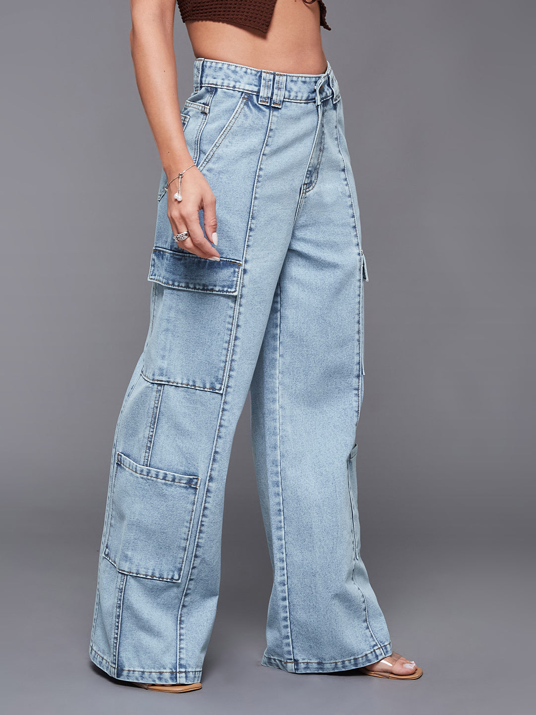 Y2K Women's Light Blue Wide Leg High Rise Cargo Denim Jeans