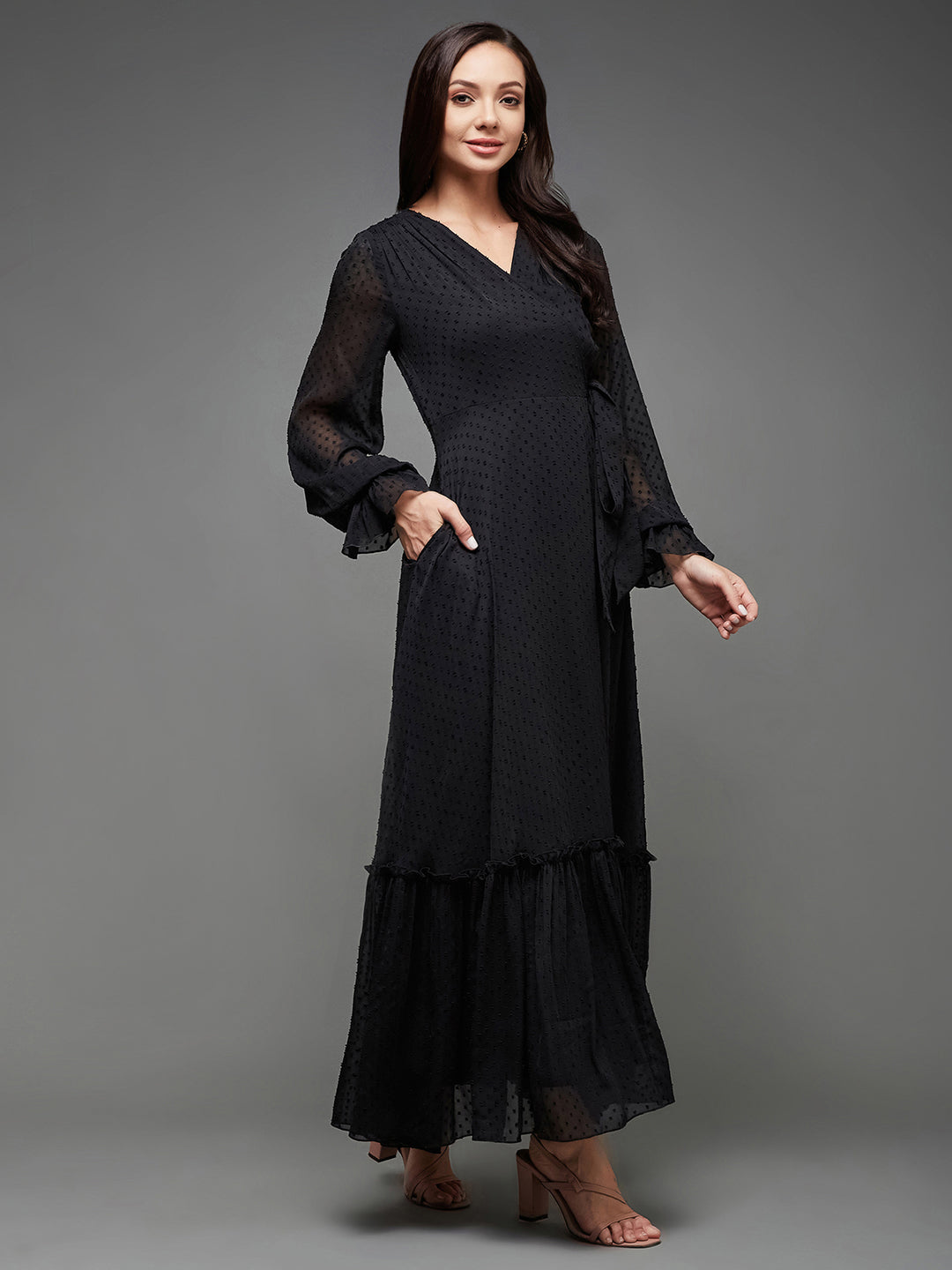 Women's Black Self Design V-Neck Bishop Sleeves Chiffon Wrap Maxi Dress