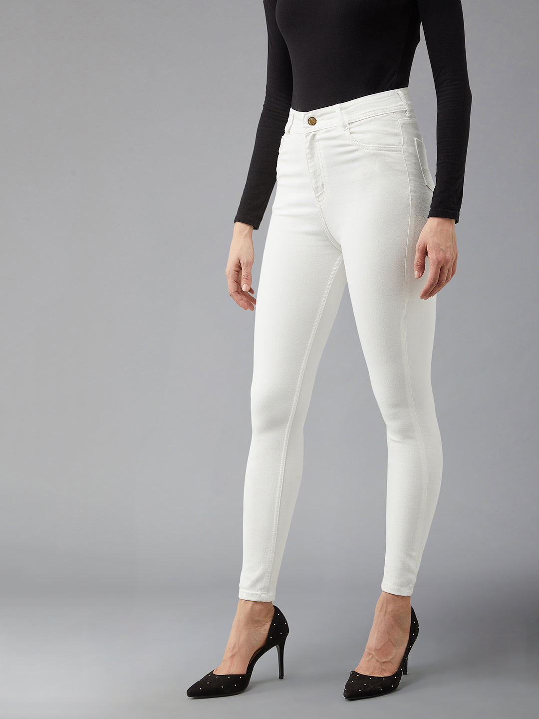 Women's White Skinny Fit High Rise Clean Look Regular Length Bleached Denim Jeans