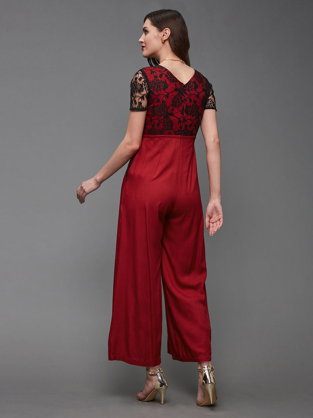 Women's Maroon Keyhole Neck Regular Sleeve Floral Lace Overlaid Visocse-Rayon Regular Length Jumpsuit