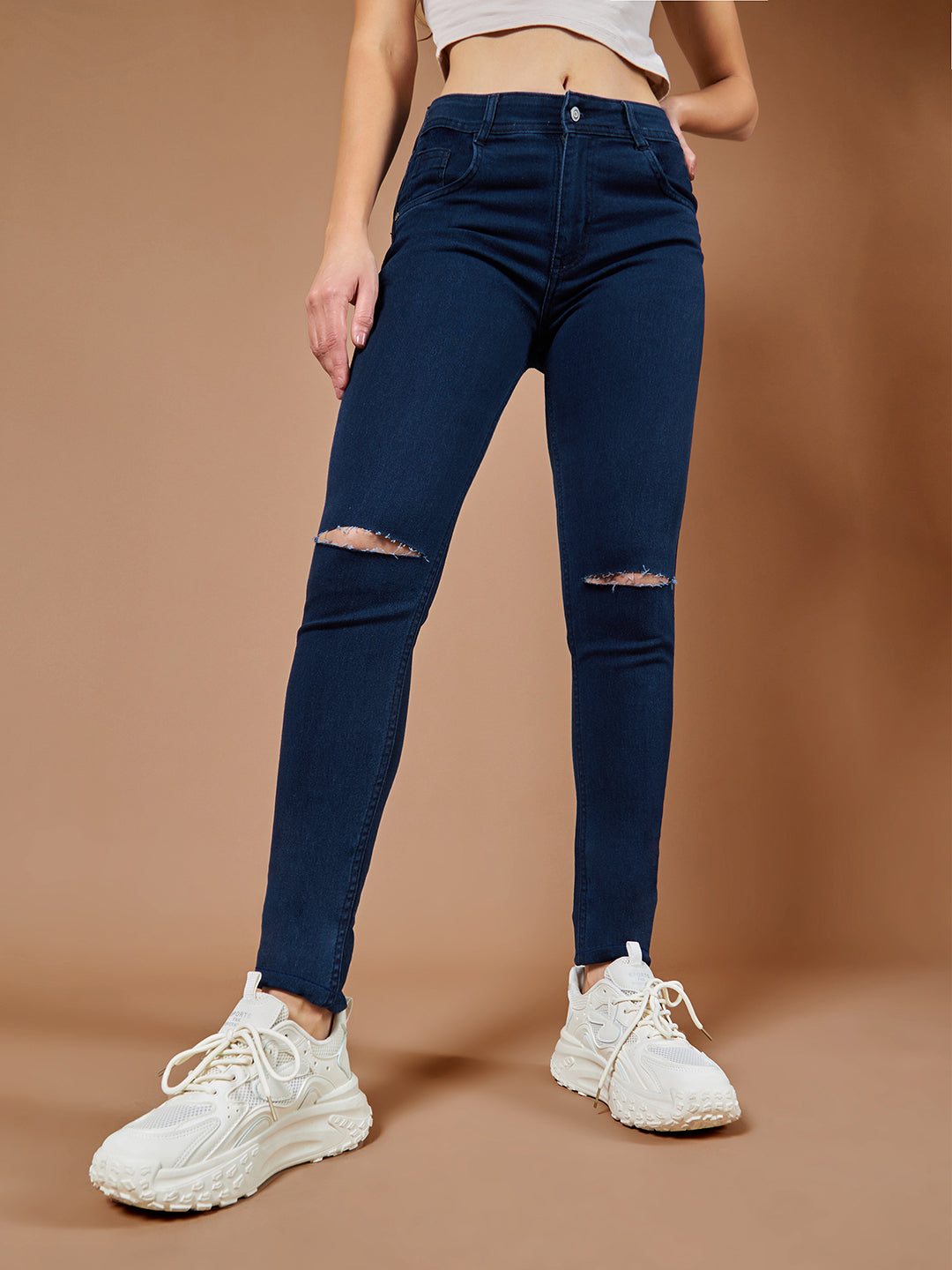 Women's Navy Blue Skinny Fit High Rise Regular Length Clean Look Knee Slit Denim Stretchable Jeans