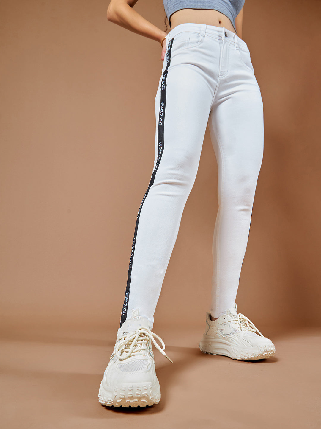 Women's White Skinny Mid Rise Clean Look Printed Twill Tape Detailing Bleached Regular Length Stretchable Denim Jeans