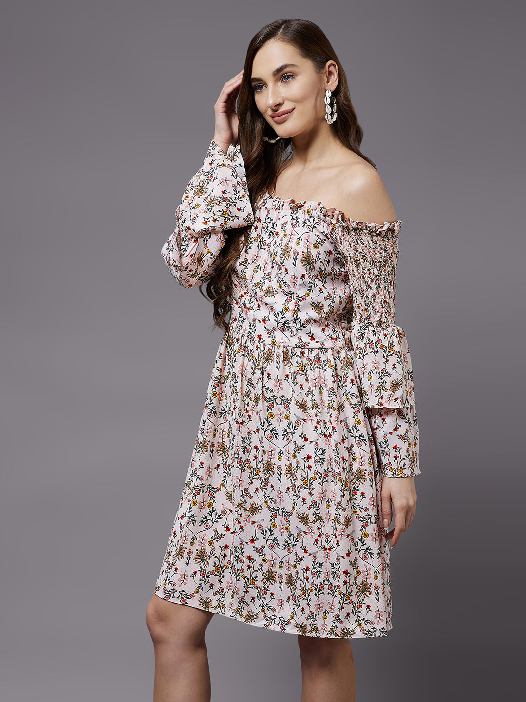 Women's Multicolored-Base-Peach Off-Shoulder 3/4 Sleeve Floral Bardot MiniDress