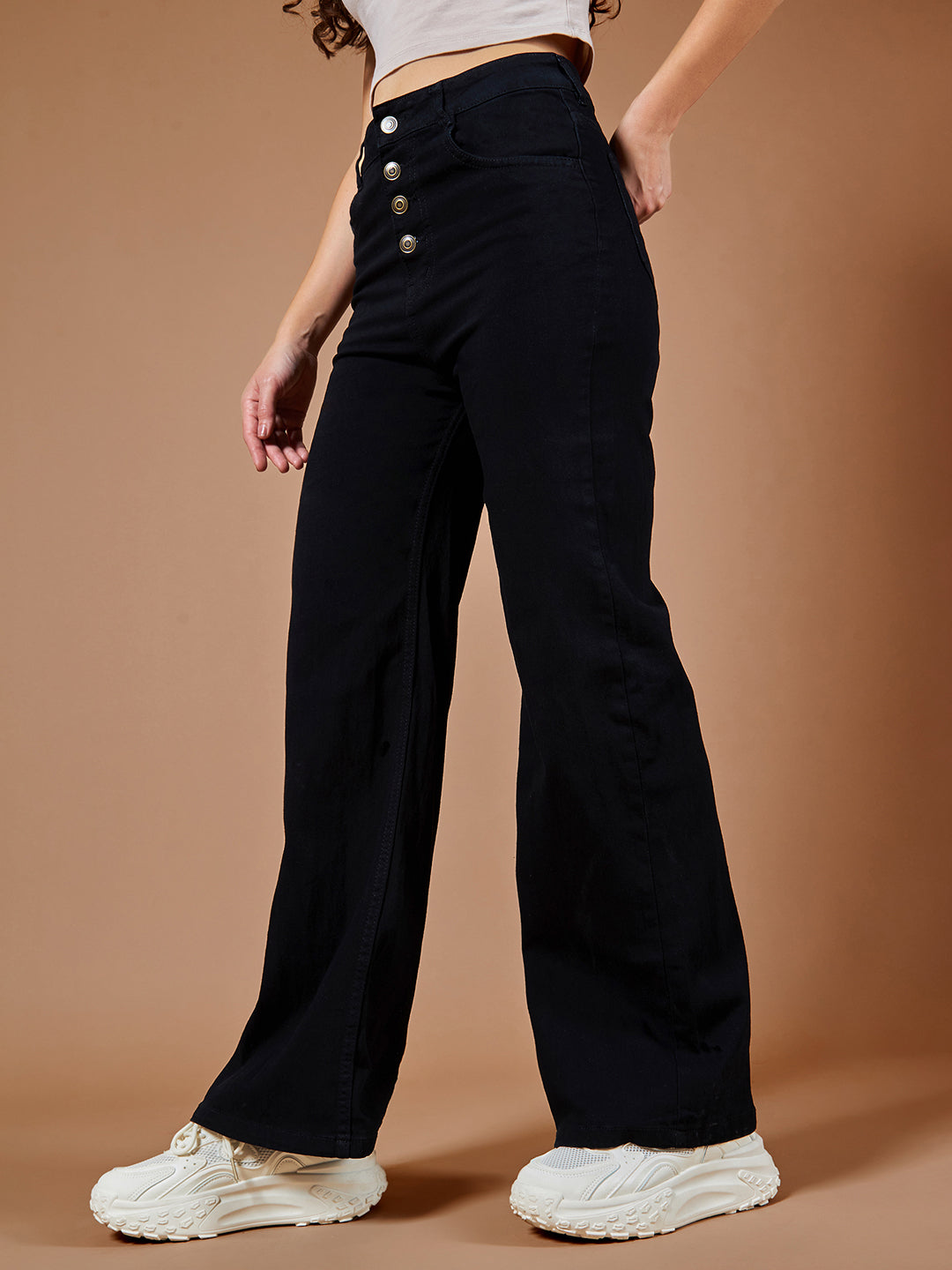 24/7 Comfort Women's Black Wide Leg High Rise Clean Look Regular Stretchable Denim Jeans