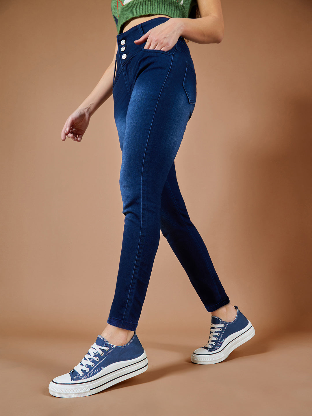 Women's Navy Blue Skinny Fit High Rise Clean Look Regular Length Stretchable High Waist Denim Jeans