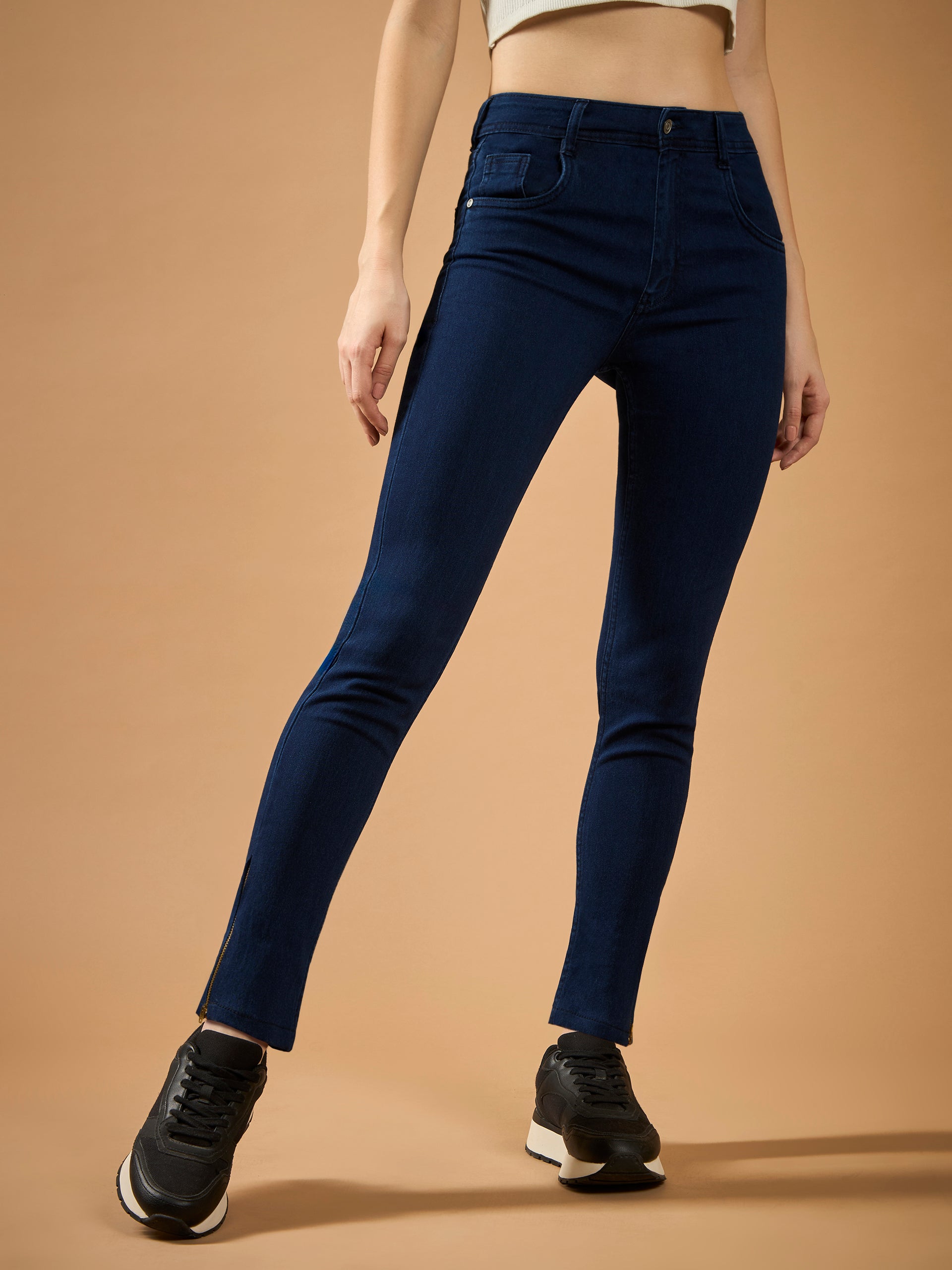 Navy-Blue Skinny-Fit Mid-Rise Cropped-Length Zipper Detailing Denim Stretchable Jeans for Women